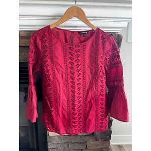 Express Burgundy Red Eyelet Top Medium Bell Sleeve Boho Cotton Blouse